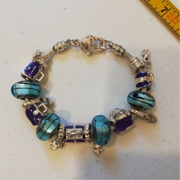(4) 925 Murano Glass Beads Enameled Bag Charm Silver Tone Slider Bracelet - Picture 2 of 8
